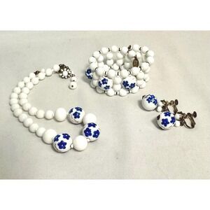 Miriam Haskell Necklace, bracelet & earrings, white beads hand painted floral
